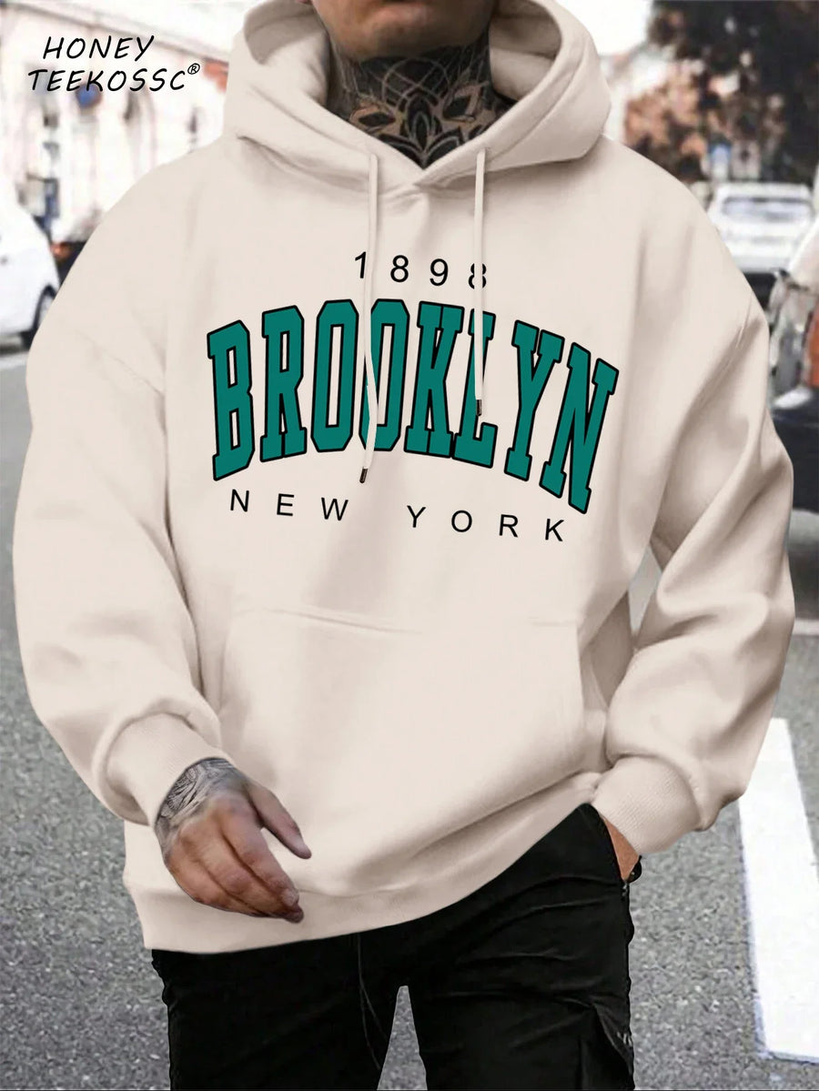Hoodie med "New York" eller "Brooklyn" tryck, dragsko och känguruficka för män