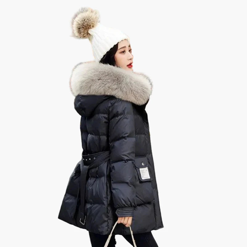 Dam Vinterjacka med Pälskantad Huva – Elegant Varm Lång Parkas för Kallt Väder