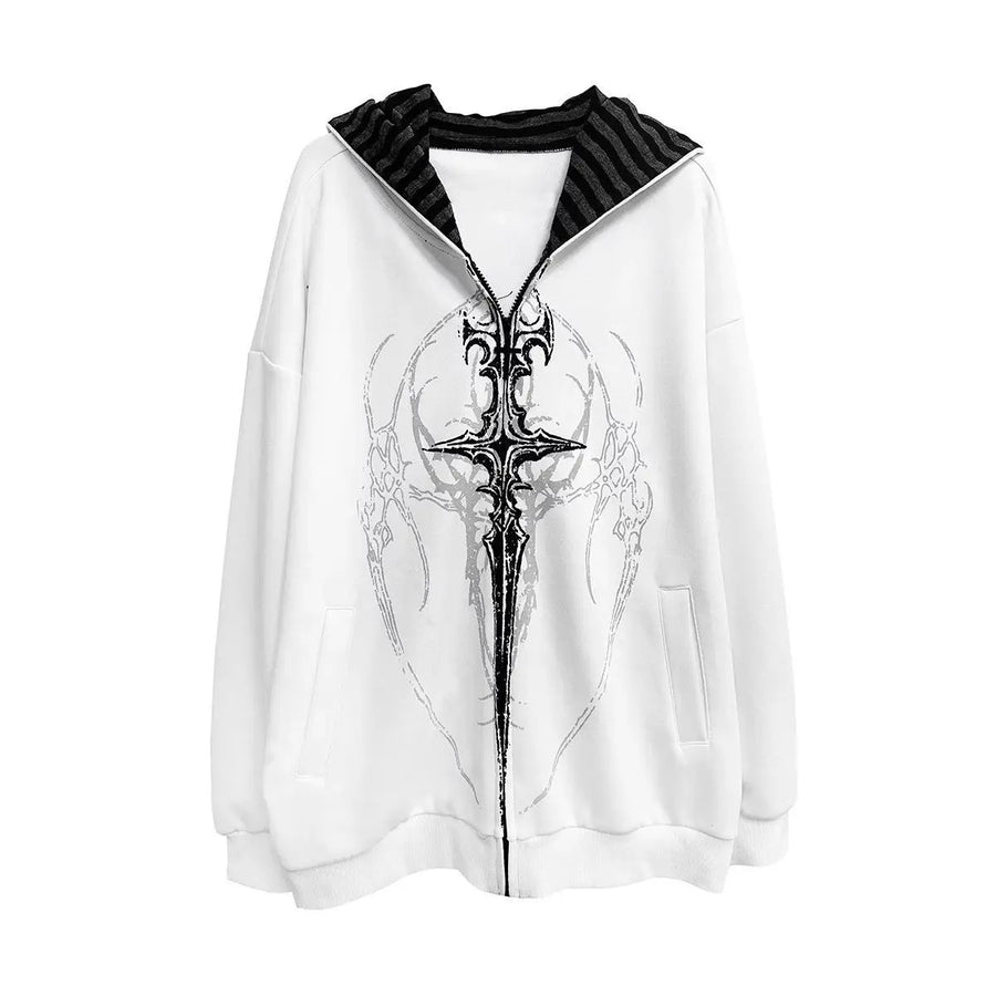 Svart hoodie med dragkedja och vit/grå grafisk design