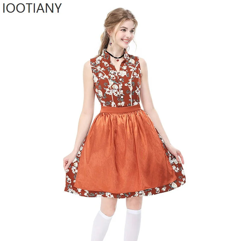 Dirndl klänning ärmlös med blommönster och förkläde i traditionell stil