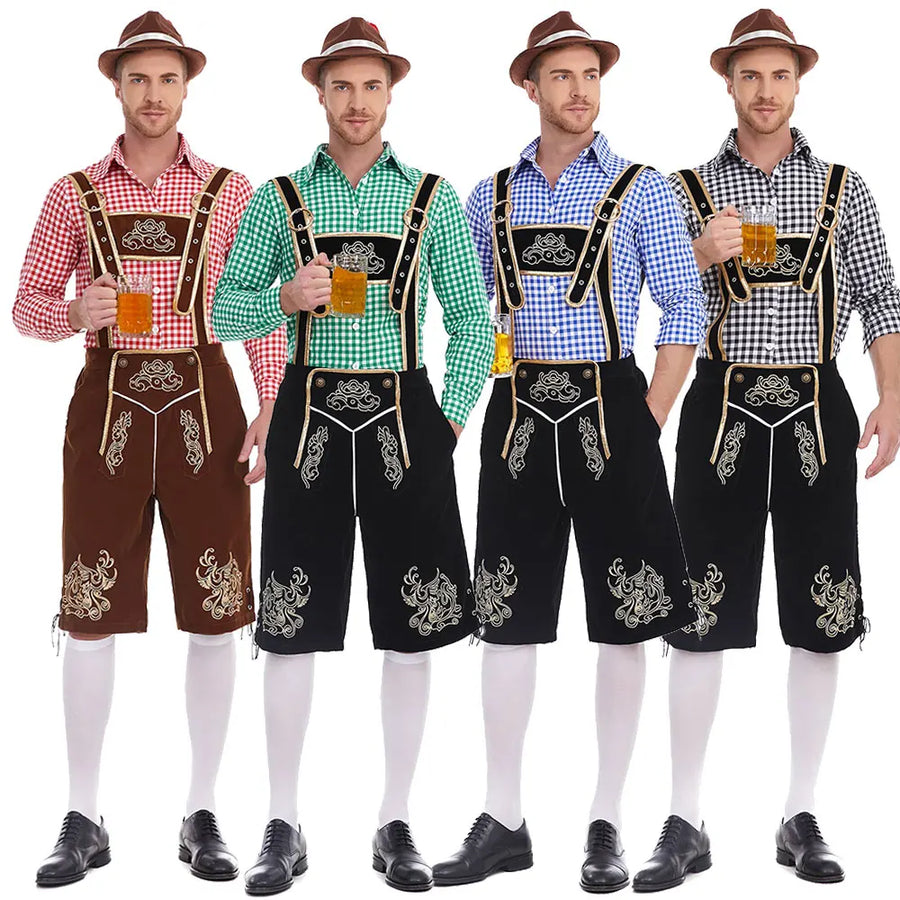 Oktoberfest herrkläder med rutig skjorta, broderade hängselbyxor och hatt
