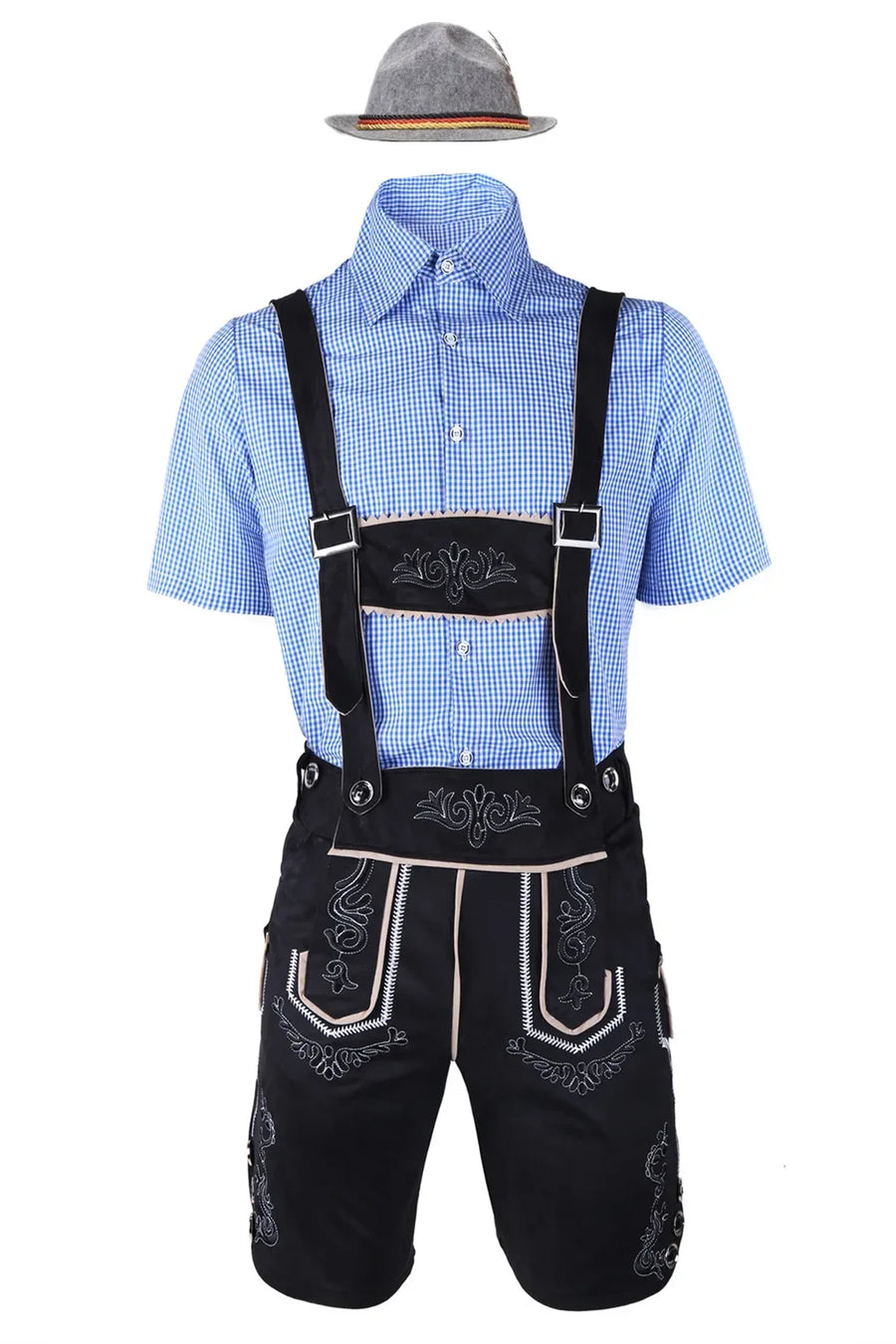 Herr Oktoberfest Lederhosen-set med skjorta, hängslen och hatt, broderade korta byxor
