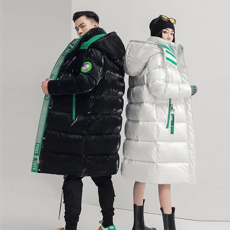 Unisex Glansig Lång Dunjacka med Huva Svart/Vit