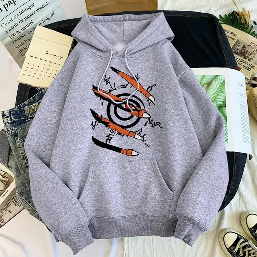 Unisex Hoodie med Tryck av Klomärken och Öga, Fickor framtill, Långärmad Tröja med Huva