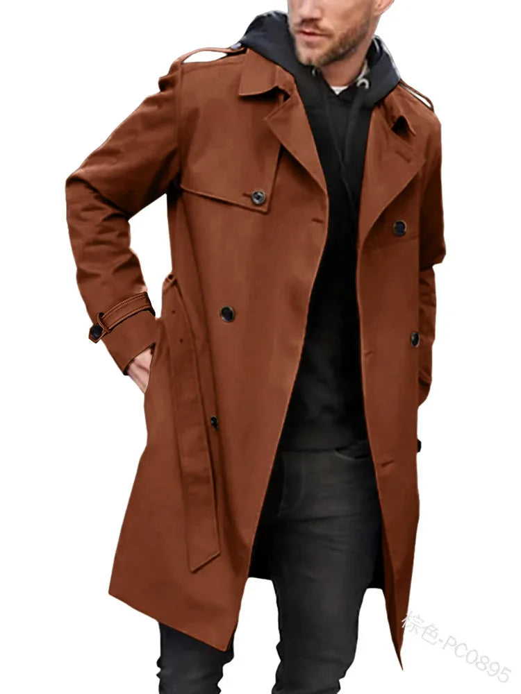 Herr Trenchcoat Lång Dubbelknäppt Rock med Skärp och Krage