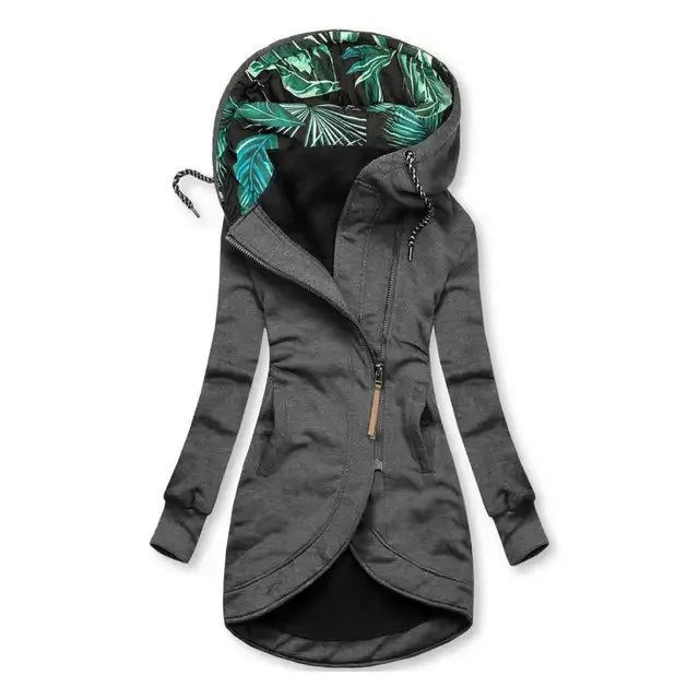 Damhoodie med dragkedja och mönstrad luva, lång modell