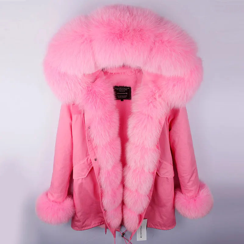 Vinterparkas med rosa fuskpälsfoder och luva, dam