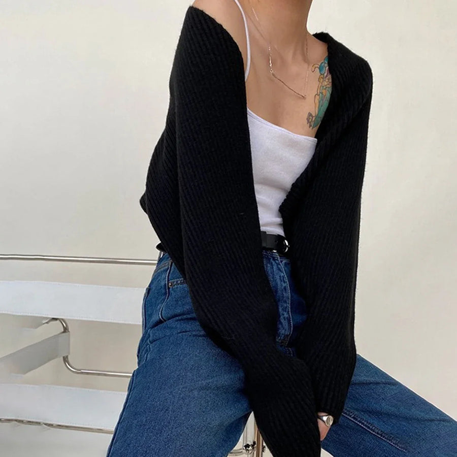 Ribbad crop top med långa ärmar för dam, bolero-stil, stickat utseende