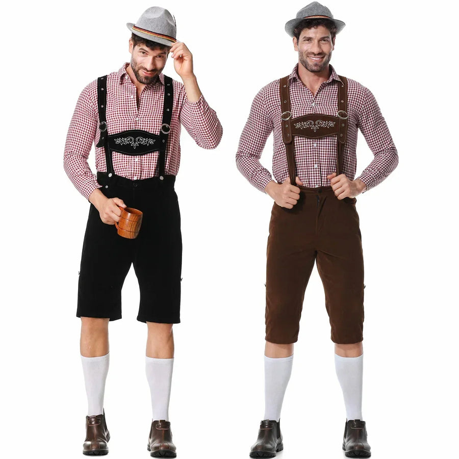 Lederhosen-inspirerad maskeradkostym med rutig skjorta och hängslen för män