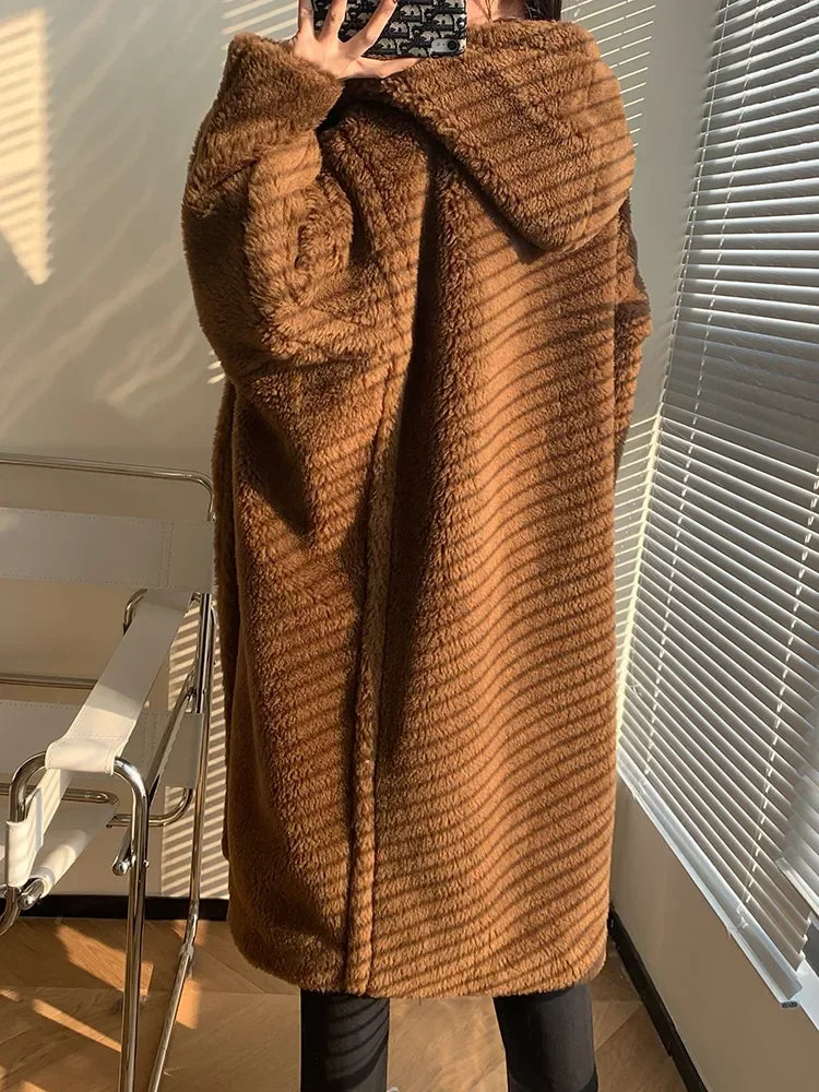 Brun Lång Hoodiejacka i Mjukt Material för Dam