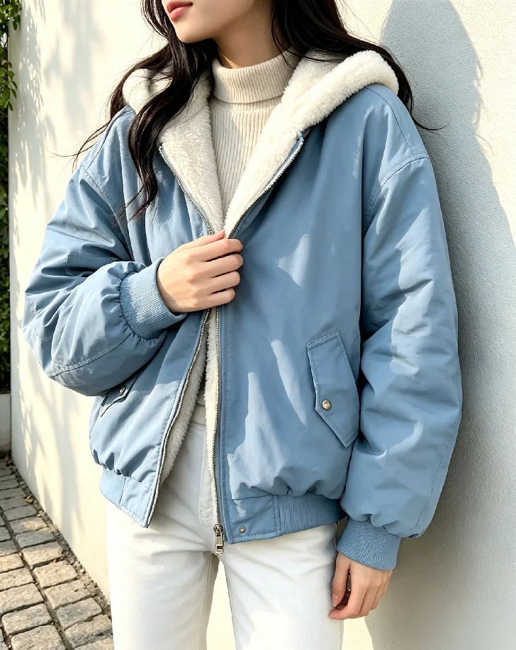 Fleecefodrad vändbar jacka med huva - Blå, Beige, Svart