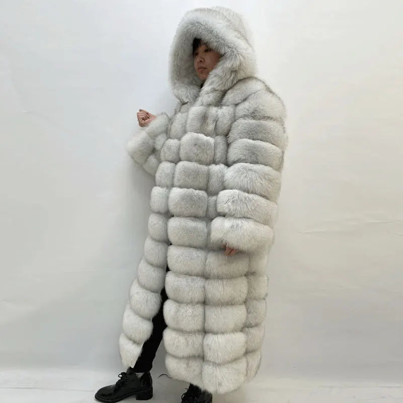 Lång Fuskpälsjacka med Huva för Dam, Vinterkappa i Lagerdesign