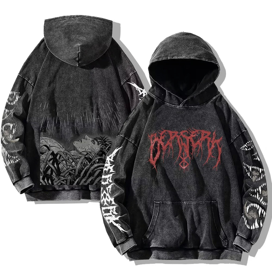 Svart huvtröja med tvättad look och tryck, Unisex Berserk-inspirerad hoodie