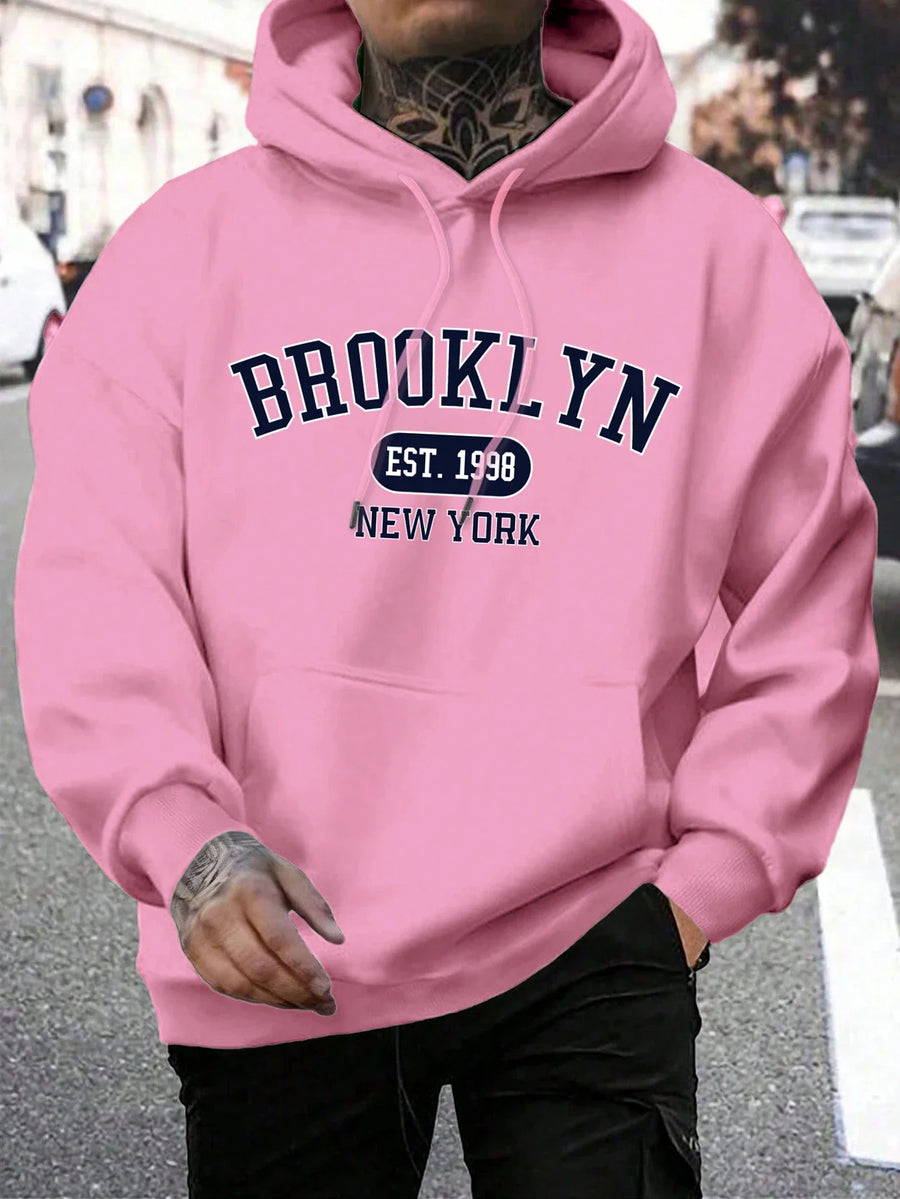 Hoodie med "New York" eller "Brooklyn" tryck, dragsko och känguruficka för män