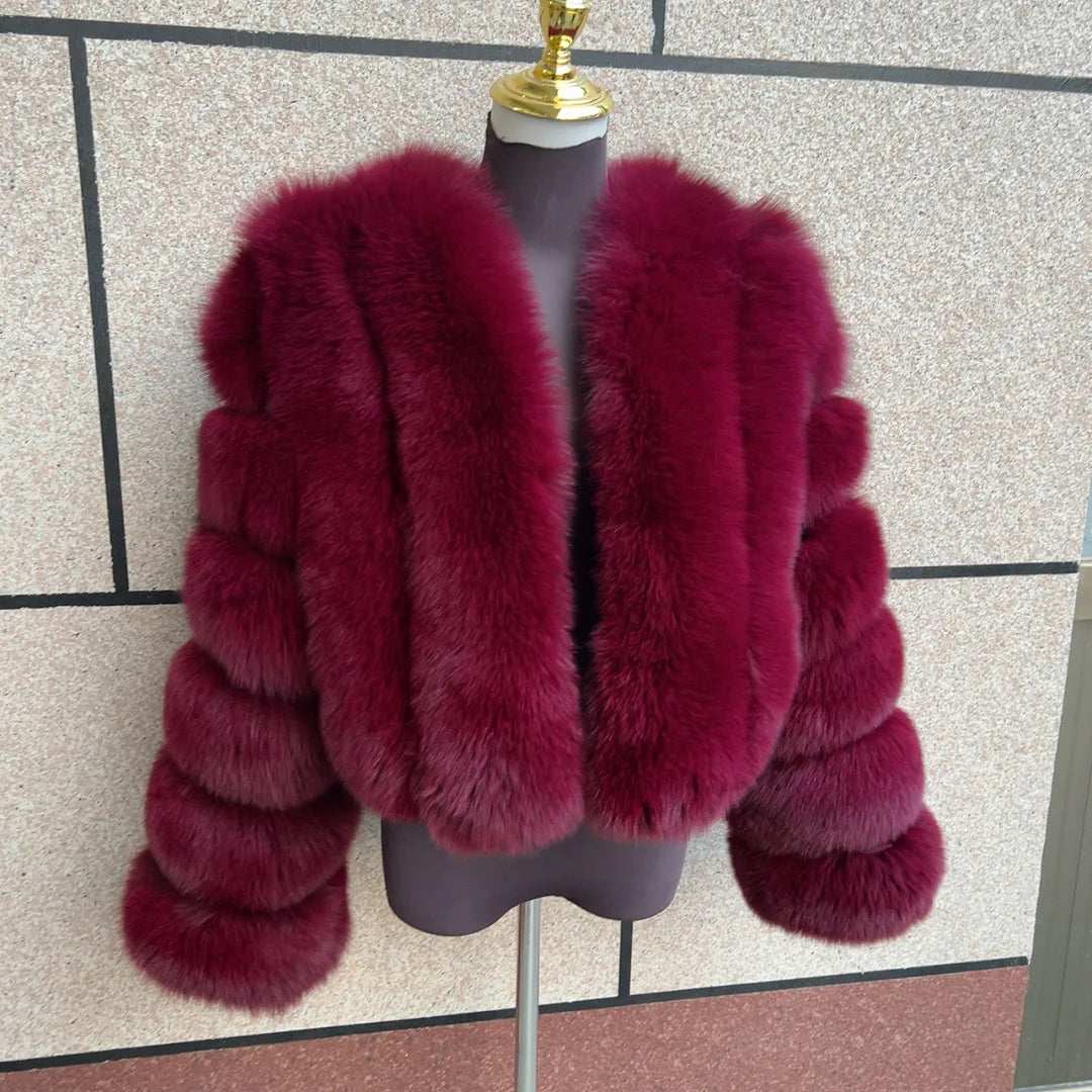 Kort fluffig fuskpälsjacka för dam, öppen design, flerfärgad