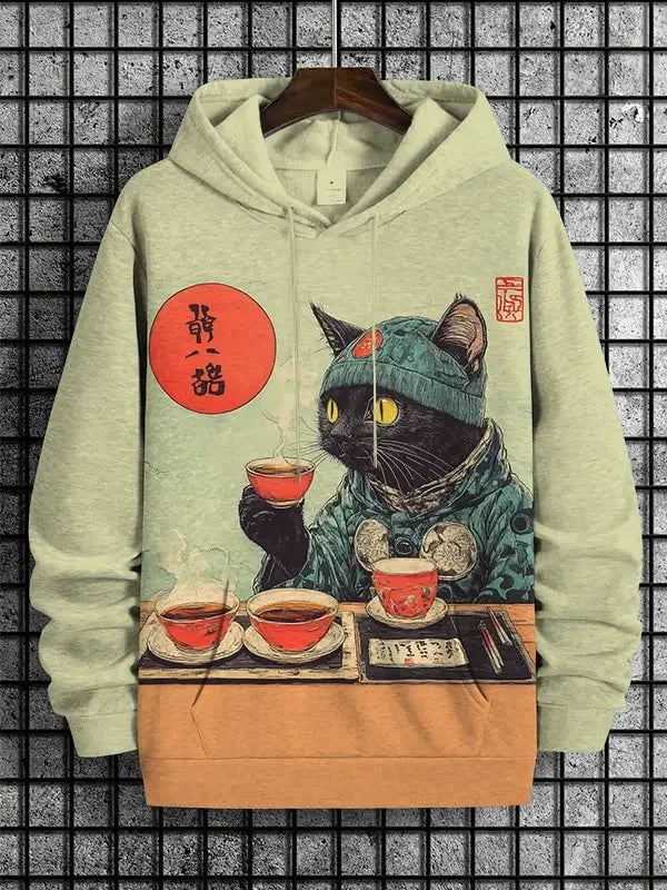 Hoodie med kattmotiv, tryck och huva, lång ärm
