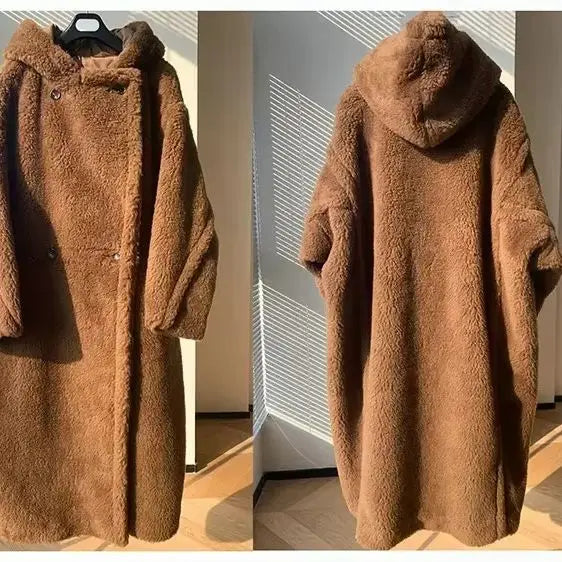 Brun Lång Hoodiejacka i Mjukt Material för Dam