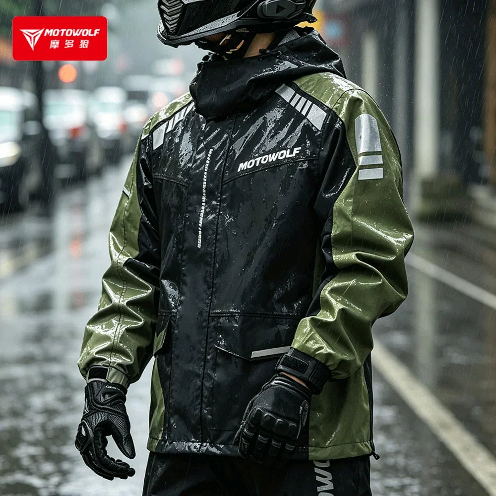 Vattentätt Regnställ Unisex för Motorcykel, Svart/Grön med Reflexdetaljer