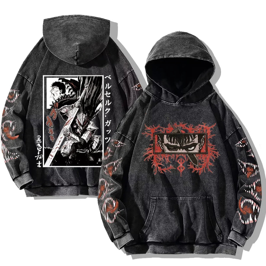 Svart huvtröja med tvättad look och tryck, Unisex Berserk-inspirerad hoodie
