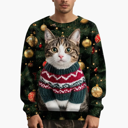 Herr jultröja med kattmotiv och festligt mönster – Perfekt för julfester och mysiga vinterdagar