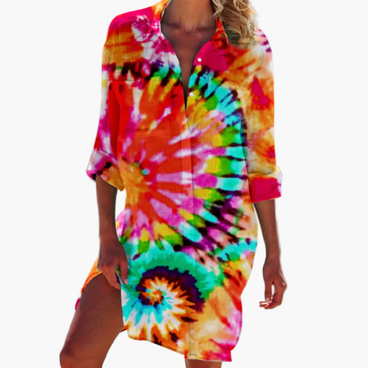 Dam Skjortklänning Boho Tie-Dye Långärmad Semester och Strandstil