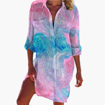 Dam Skjortklänning Boho Tie-Dye Långärmad Semester och Strandstil