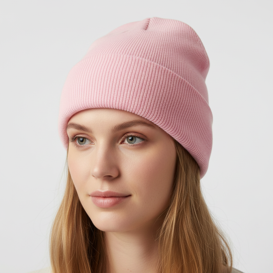 Mjuk Ribbad Mössa med Uppvik – Varm Stickad Beanie för Höst & Vinter