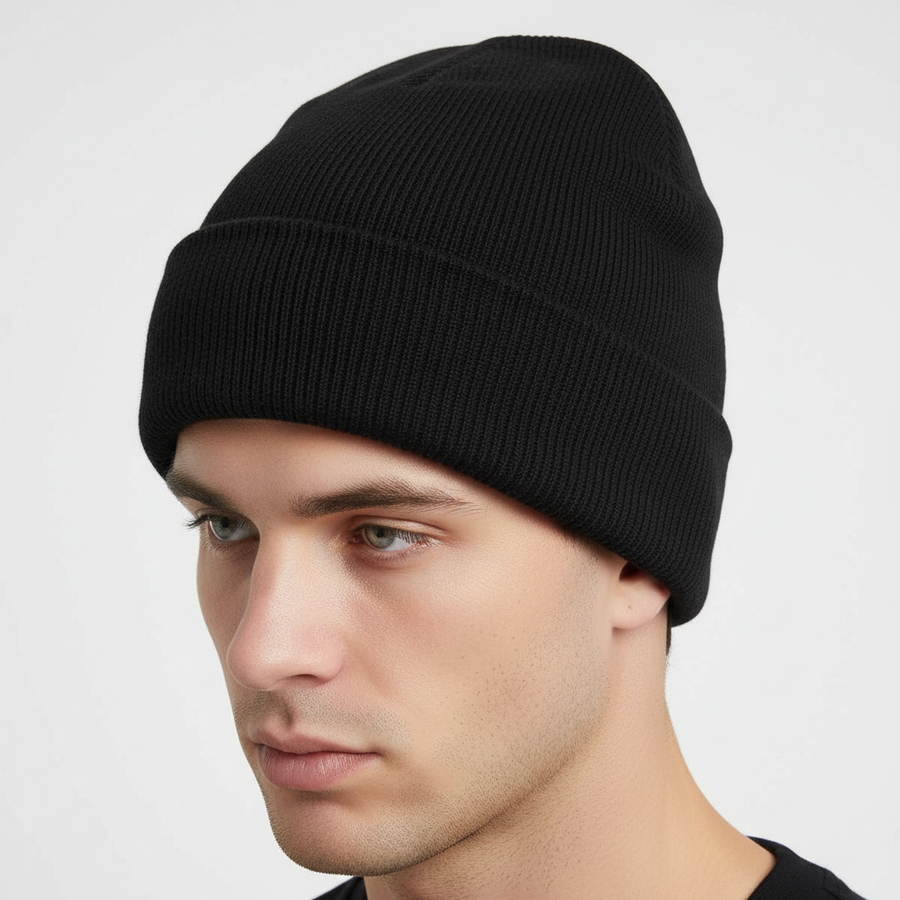 Mjuk Ribbad Mössa med Uppvik – Varm Stickad Beanie för Höst & Vinter