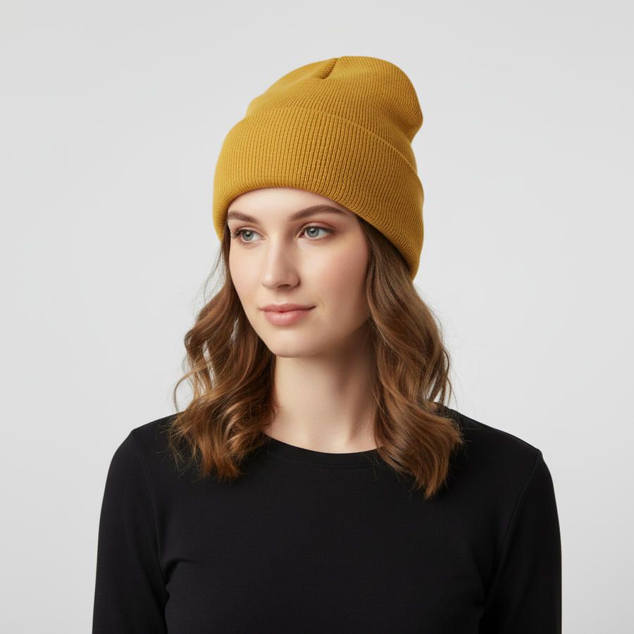 Mjuk Ribbad Mössa med Uppvik – Varm Stickad Beanie för Höst & Vinter