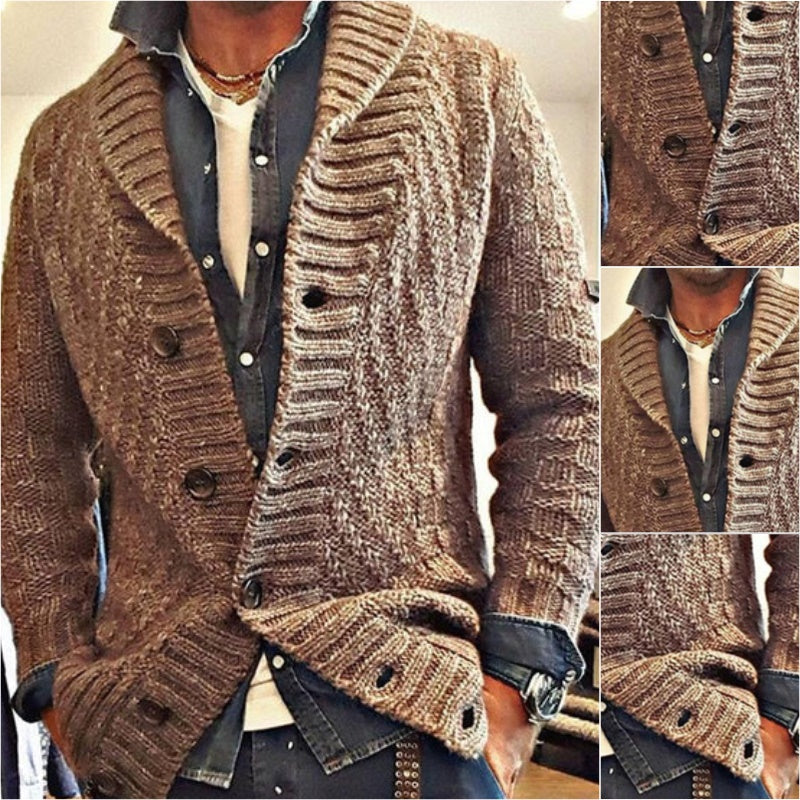 Herr Vintage Stickad Cardigan med Slag – Stilren och Avslappnad Jacka för Vardagsbruk