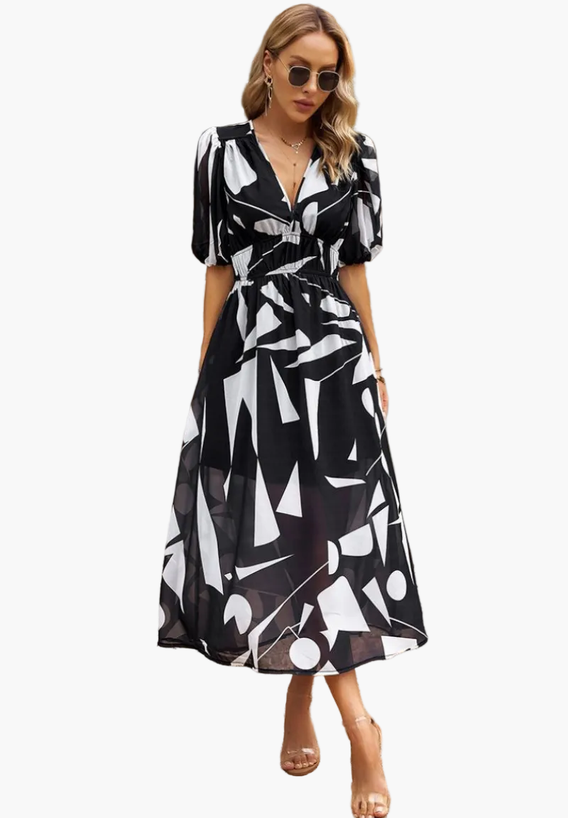 Damklänning Midi Blommig Elegant Puffärm Sommarklänning Fest & Vardag