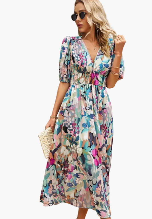 Damklänning Midi Blommig Elegant Puffärm Sommarklänning Fest & Vardag