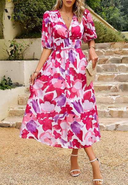 Damklänning Midi Blommig Elegant Puffärm Sommarklänning Fest & Vardag