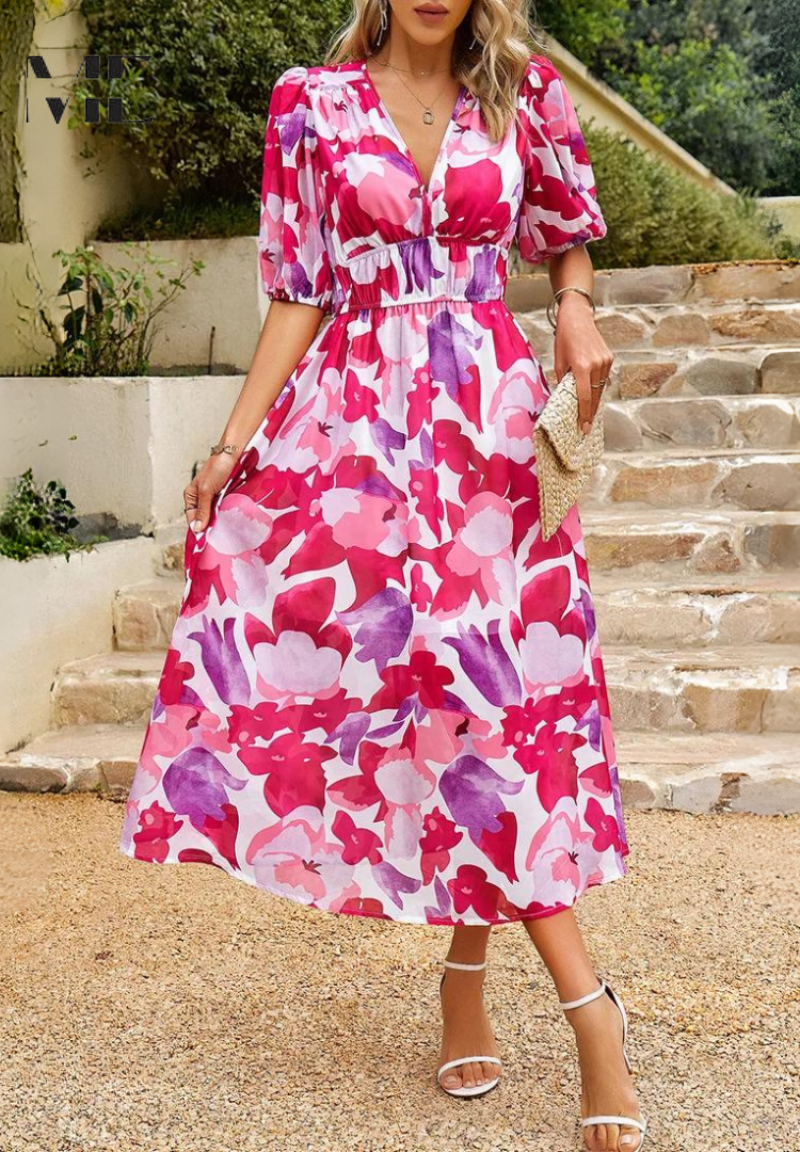Damklänning Midi Blommig Elegant Puffärm Sommarklänning Fest & Vardag