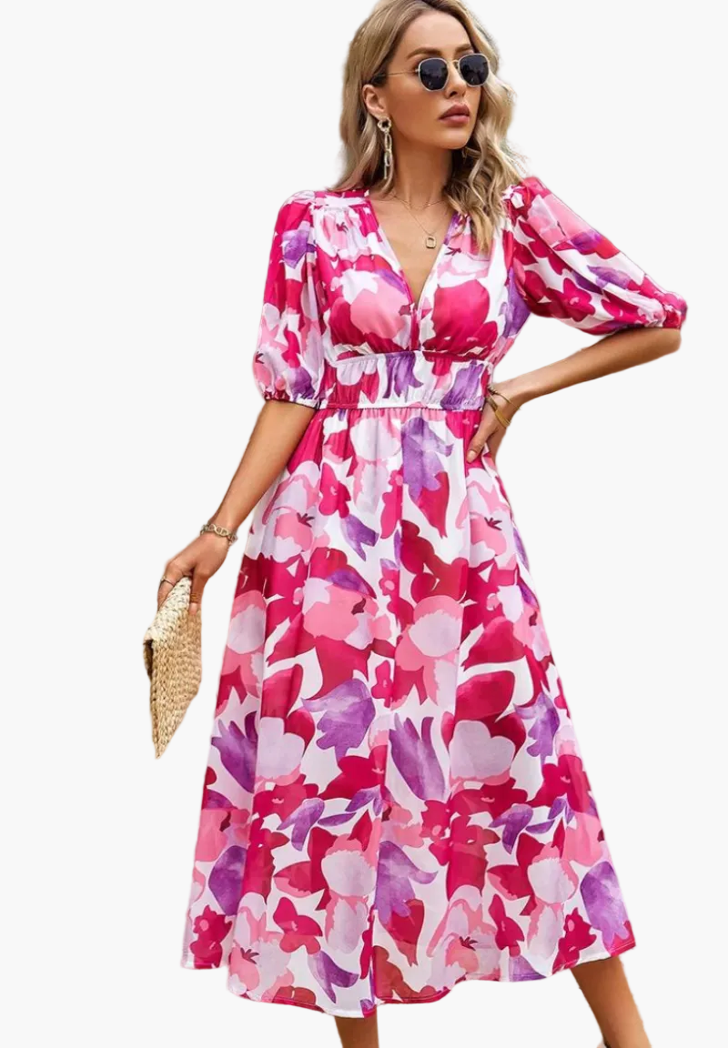Damklänning Midi Blommig Elegant Puffärm Sommarklänning Fest & Vardag