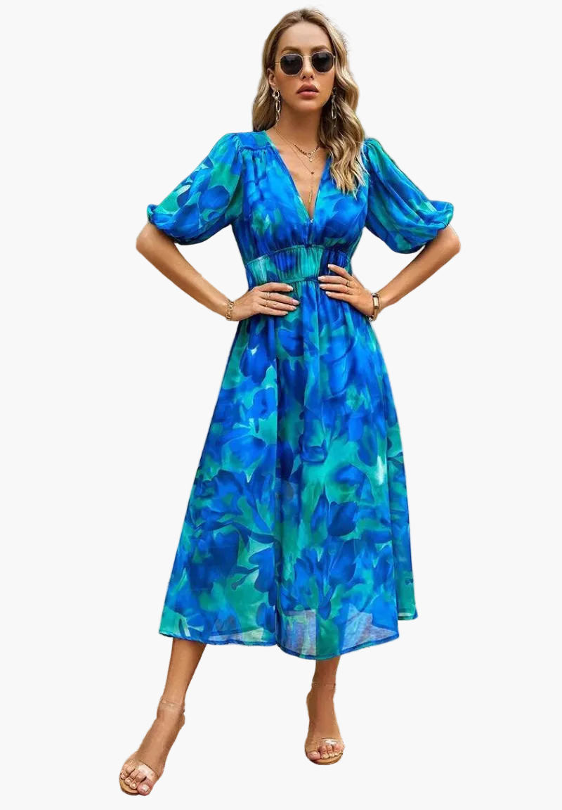 Damklänning Midi Blommig Elegant Puffärm Sommarklänning Fest & Vardag