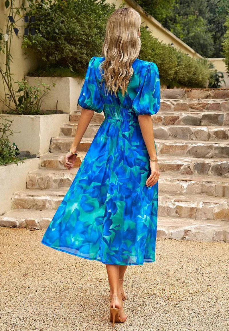Damklänning Midi Blommig Elegant Puffärm Sommarklänning Fest & Vardag