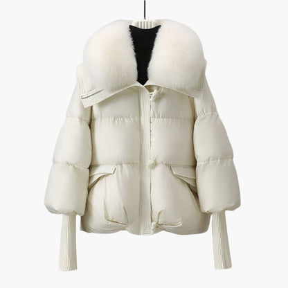 Dam Pufferjacka med Lyxig Pälskrage och Lång Ärmdesign – Perfekt för Vinter och Mode