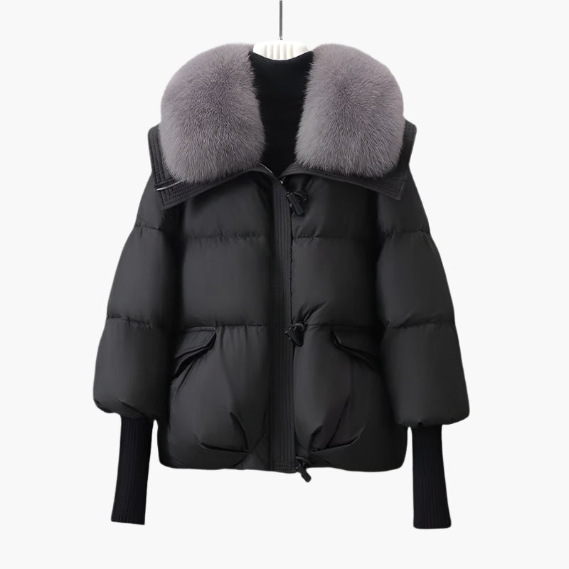 Dam Pufferjacka med Lyxig Pälskrage och Lång Ärmdesign – Perfekt för Vinter och Mode