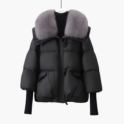 Dam Pufferjacka med Lyxig Pälskrage och Lång Ärmdesign – Perfekt för Vinter och Mode