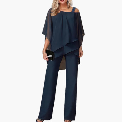 Damernas eleganta tvådelad byxdress med asymmetrisk topp – perfekt för fest, affärsmöten och speciella tillfällen