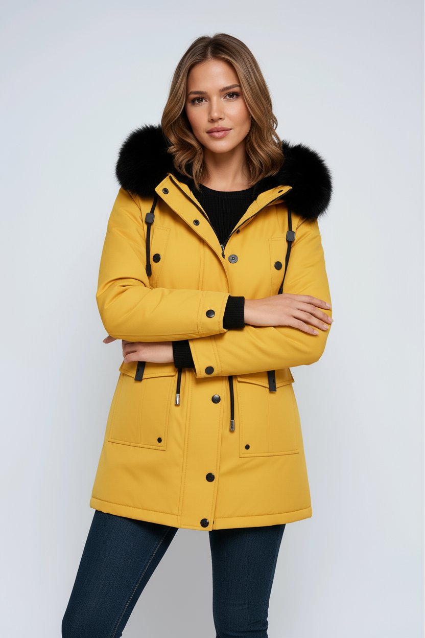 Dam Parkas med Huva och Fuskpälskant, Dragsko i Midjan, Knappar och Dragkedja