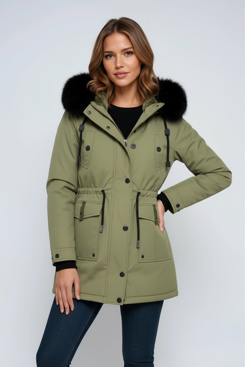 Dam Parkas med Huva och Fuskpälskant, Dragsko i Midjan, Knappar och Dragkedja