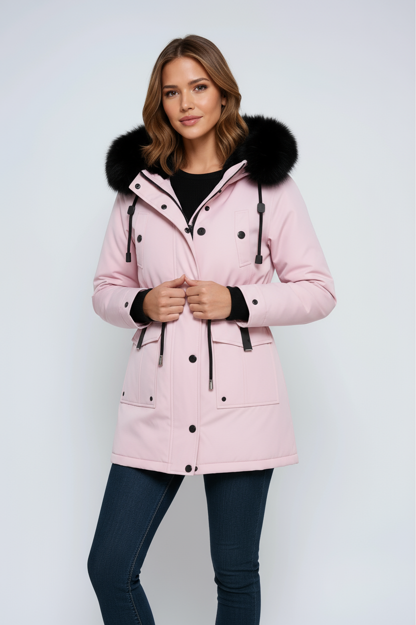 Dam Parkas med Huva och Fuskpälskant, Dragsko i Midjan, Knappar och Dragkedja