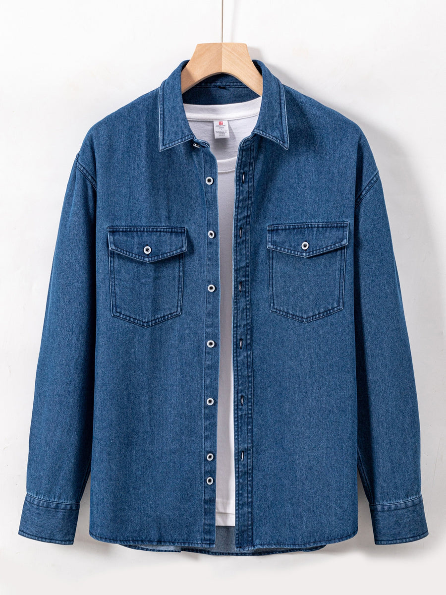 Jeansskjorta med lång ärm och bröstfickor i denimlook