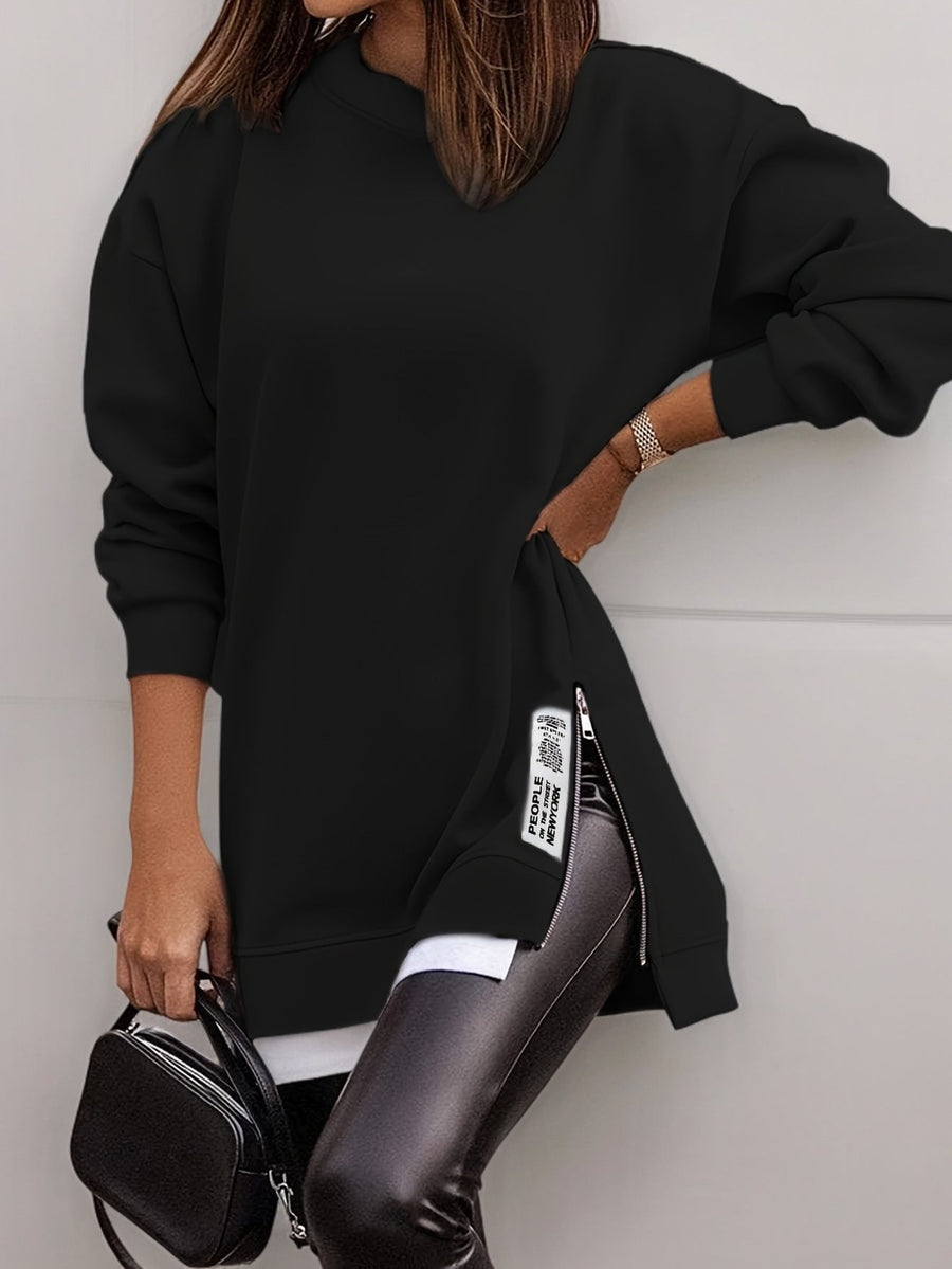 Svart Sweatshirt med Dragkedja Längs Sidan, Långärmad Tröja
