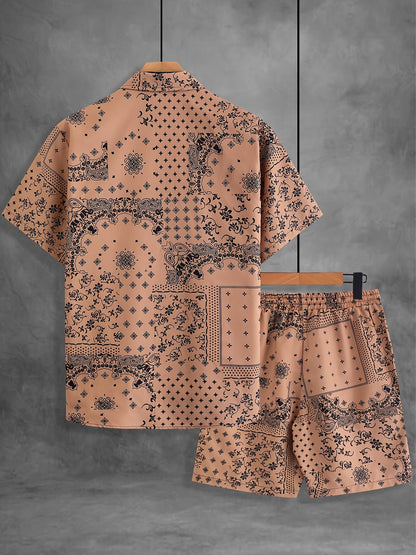 Herr Bandana-Set med Skjorta och Shorts – Avslappnad Sommarstil, Paisleymönster, Perfekt för Semester och Fritid
