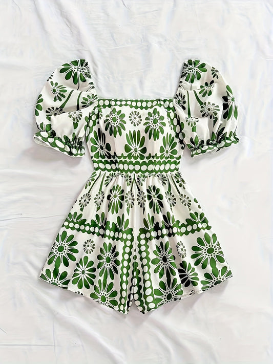 Dam Playsuit med Puffärmar och Vintage Blommönster – Perfekt för Sommar och Trädgårdsfest