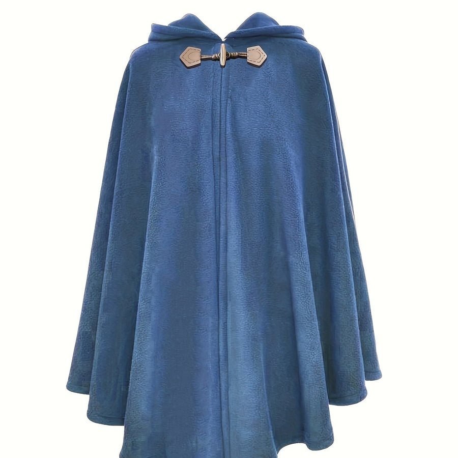 Fleeceponcho med huva och knäppning, enfärgad damponcho