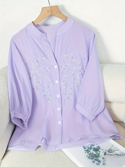 Dam Elegant Blus med Broderade Blommor och Ståkrage – Perfekt för Sommar och Arbete